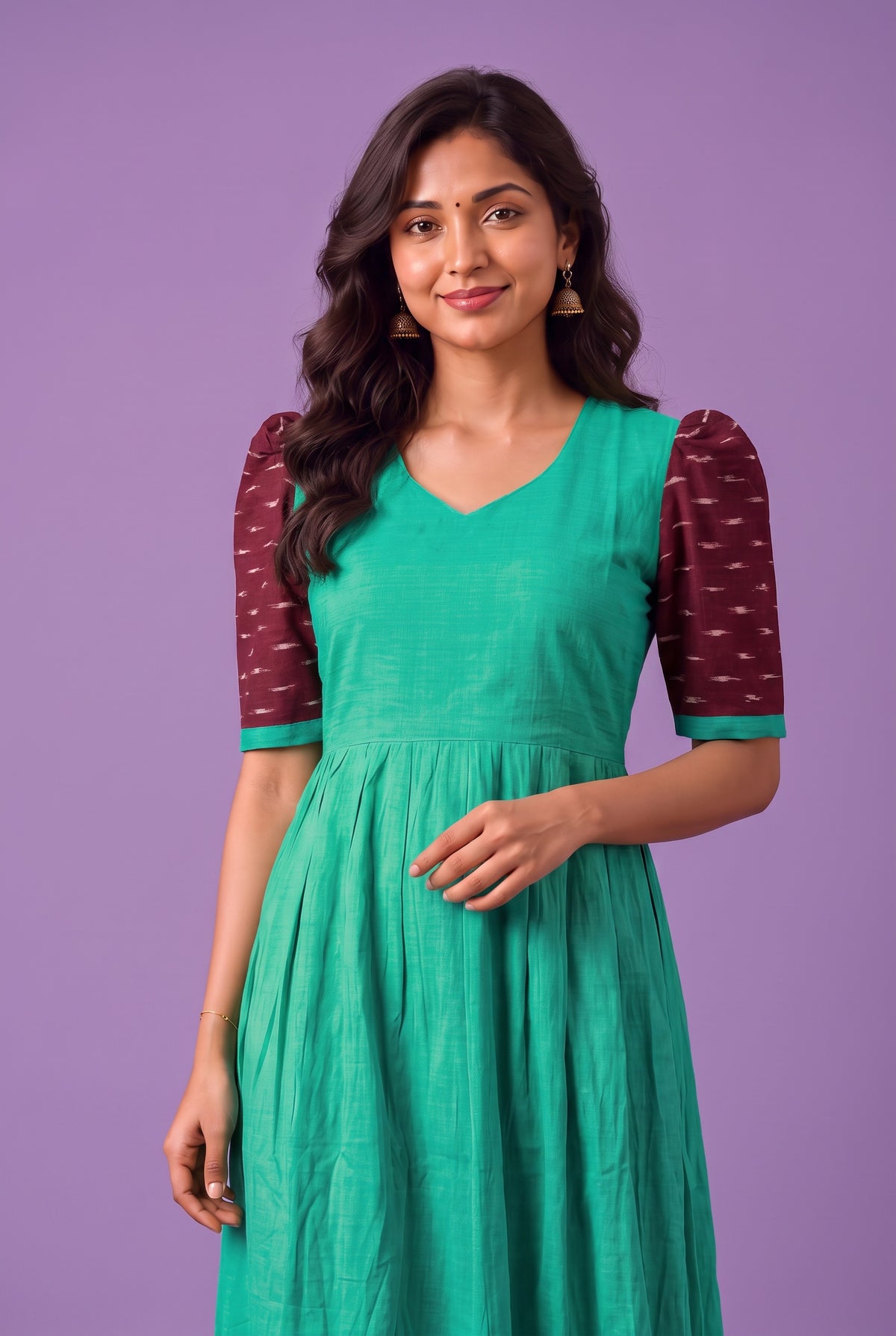 Handloom Ikkat Cotton Frock in Aqua Green Colour with Maroon Ikkat Puff Sleeves | Half-Length Lining | Ready to Wear