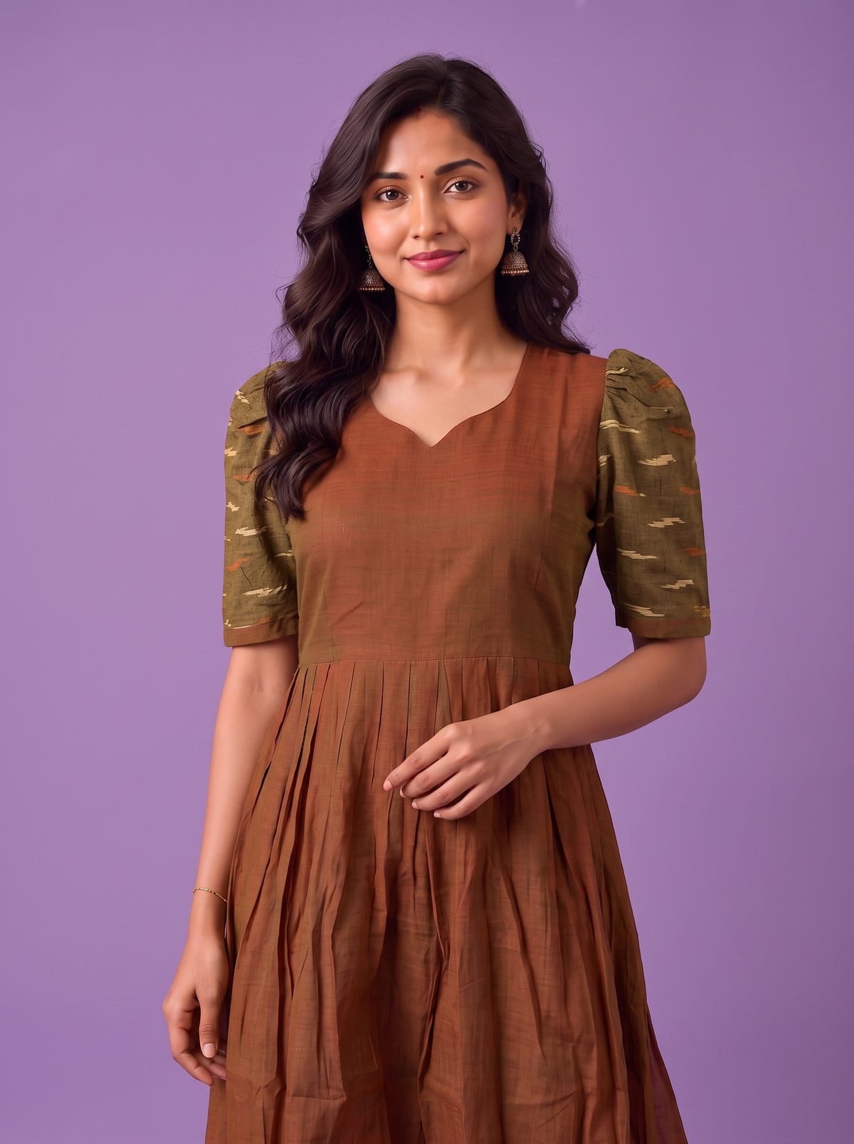 Handloom Ikkat Cotton Frock in Coffee Brown Colour with Olive Green Ikkat Puff Sleeves | Half-Length Lining | Ready to Wear