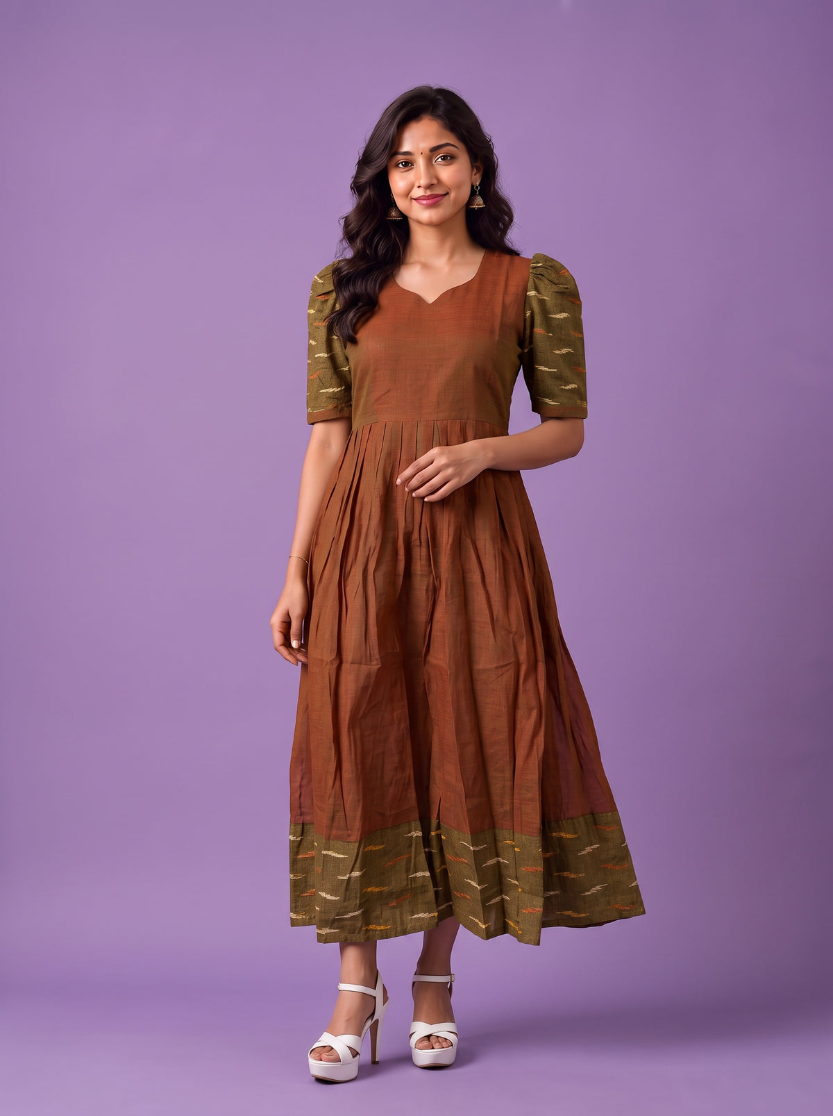 Handloom Ikkat Cotton Frock in Coffee Brown Colour with Olive Green Ikkat Puff Sleeves | Half-Length Lining | Ready to Wear