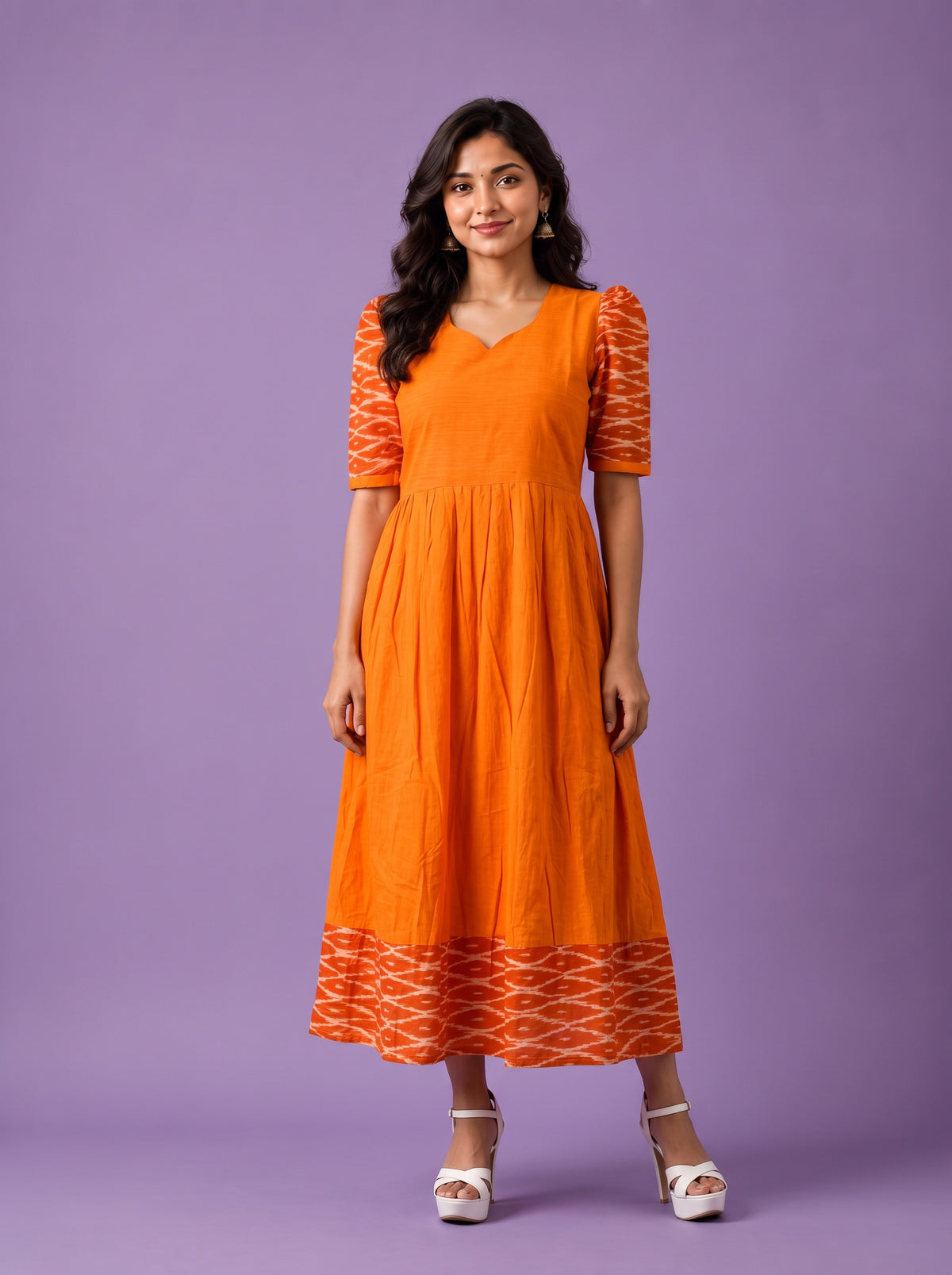 Handloom Ikkat Cotton Frock in Bright Orange Colour with Orange Ikkat Puff Sleeves | Half-Length Lining | Ready to Wear