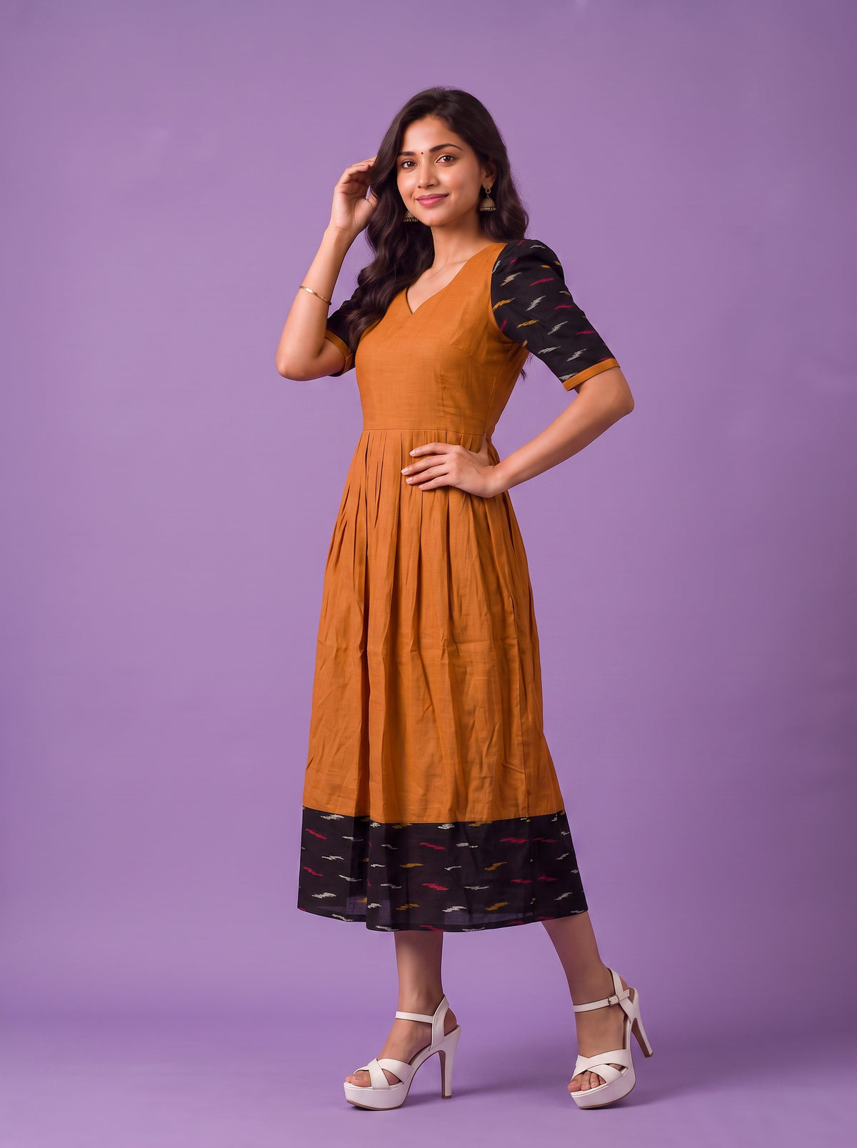 Handloom Ikkat Cotton Frock in Mustard Orange Colour with Black Ikkat Puff Sleeves | Half-Length Lining | Ready to Wear
