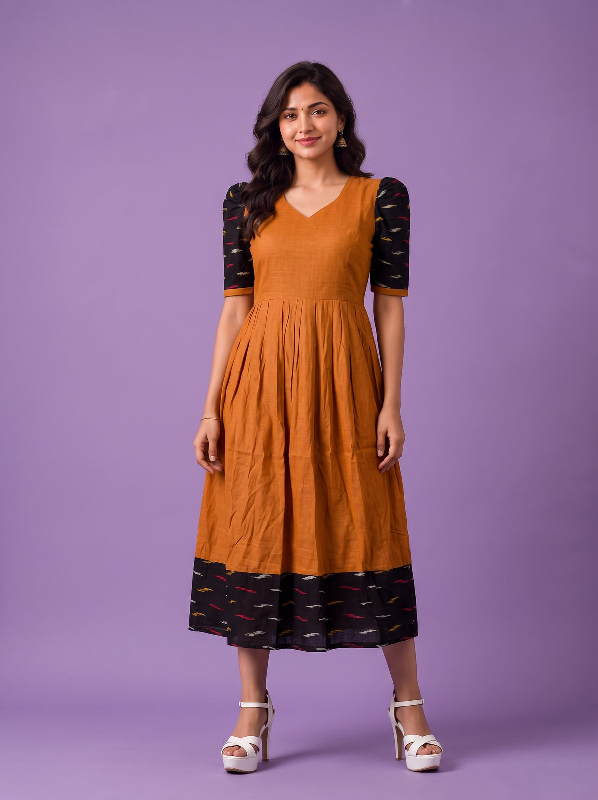 Handloom Ikkat Cotton Frock in Mustard Orange Colour with Black Ikkat Puff Sleeves | Half-Length Lining | Ready to Wear