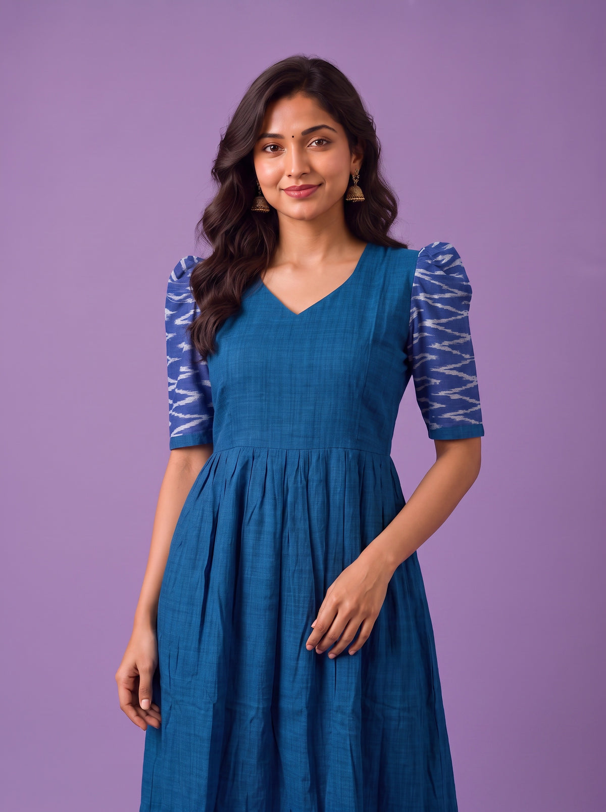 Handloom Ikkat Cotton Frock in Royal Blue Colour with Sky Blue Ikkat Puff Sleeves | Half-Length Lining | Ready to Wear