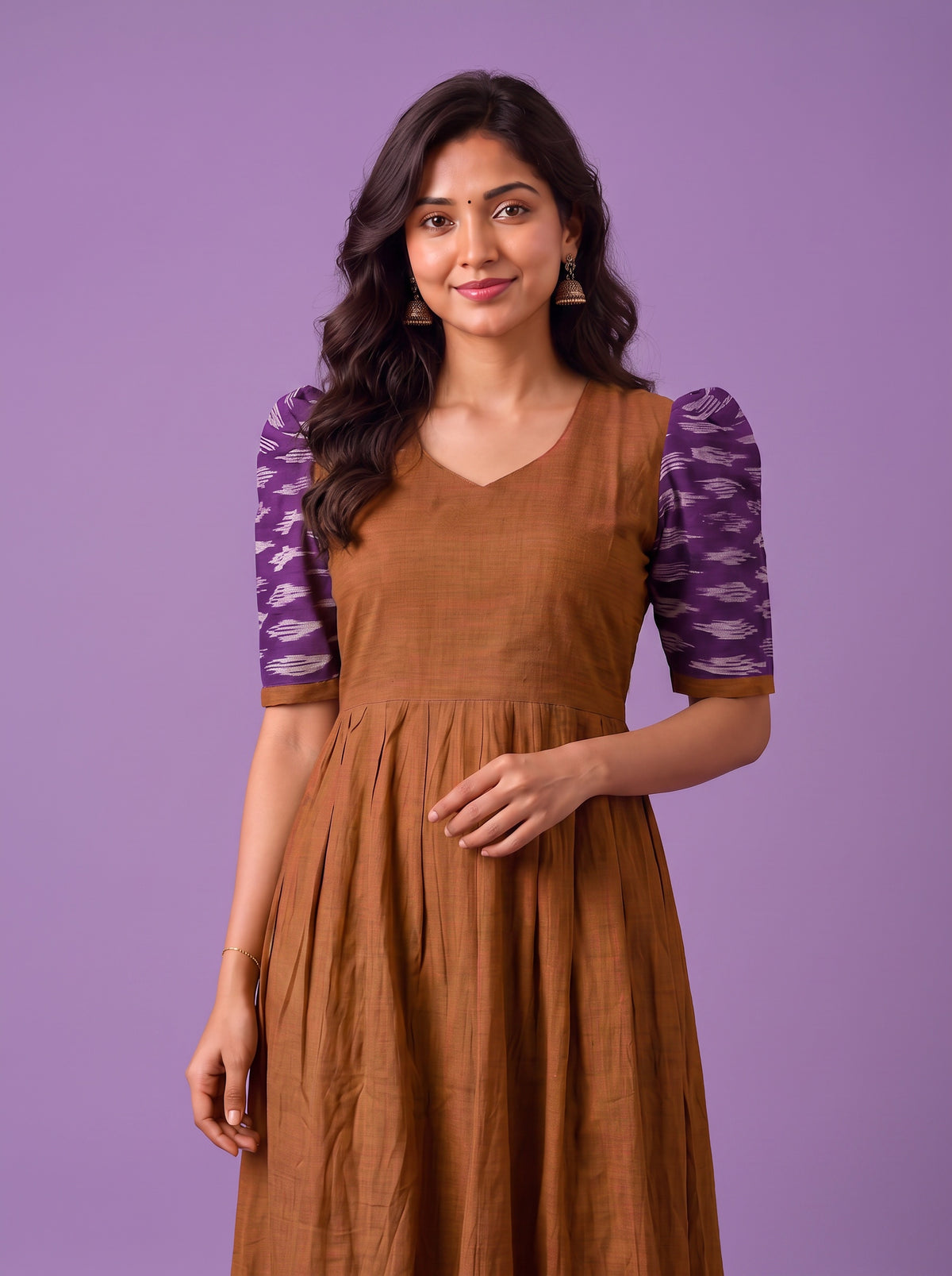 Handloom Ikkat Cotton Frock in Coffee Brown Colour with Purple Ikkat Puff Sleeves | Half-Length Lining | Ready to Wear