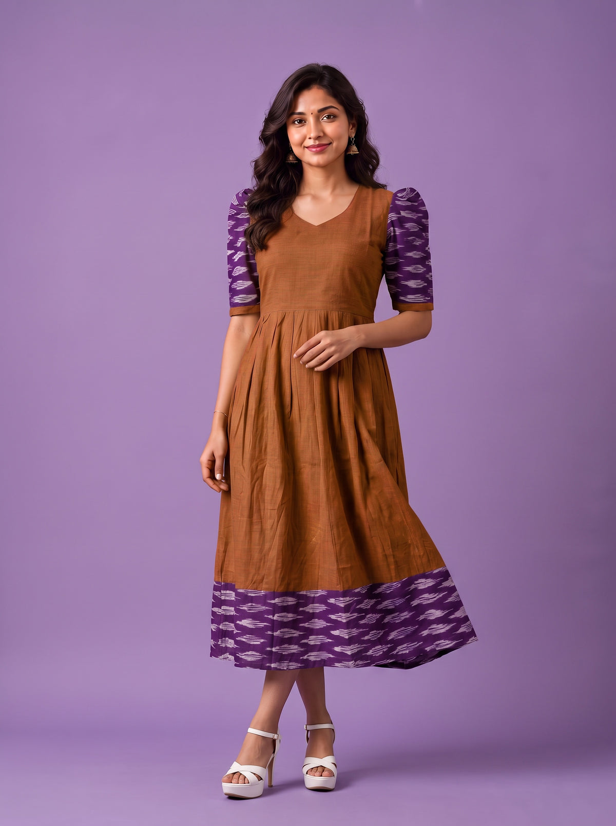 Handloom Ikkat Cotton Frock in Coffee Brown Colour with Purple Ikkat Puff Sleeves | Half-Length Lining | Ready to Wear