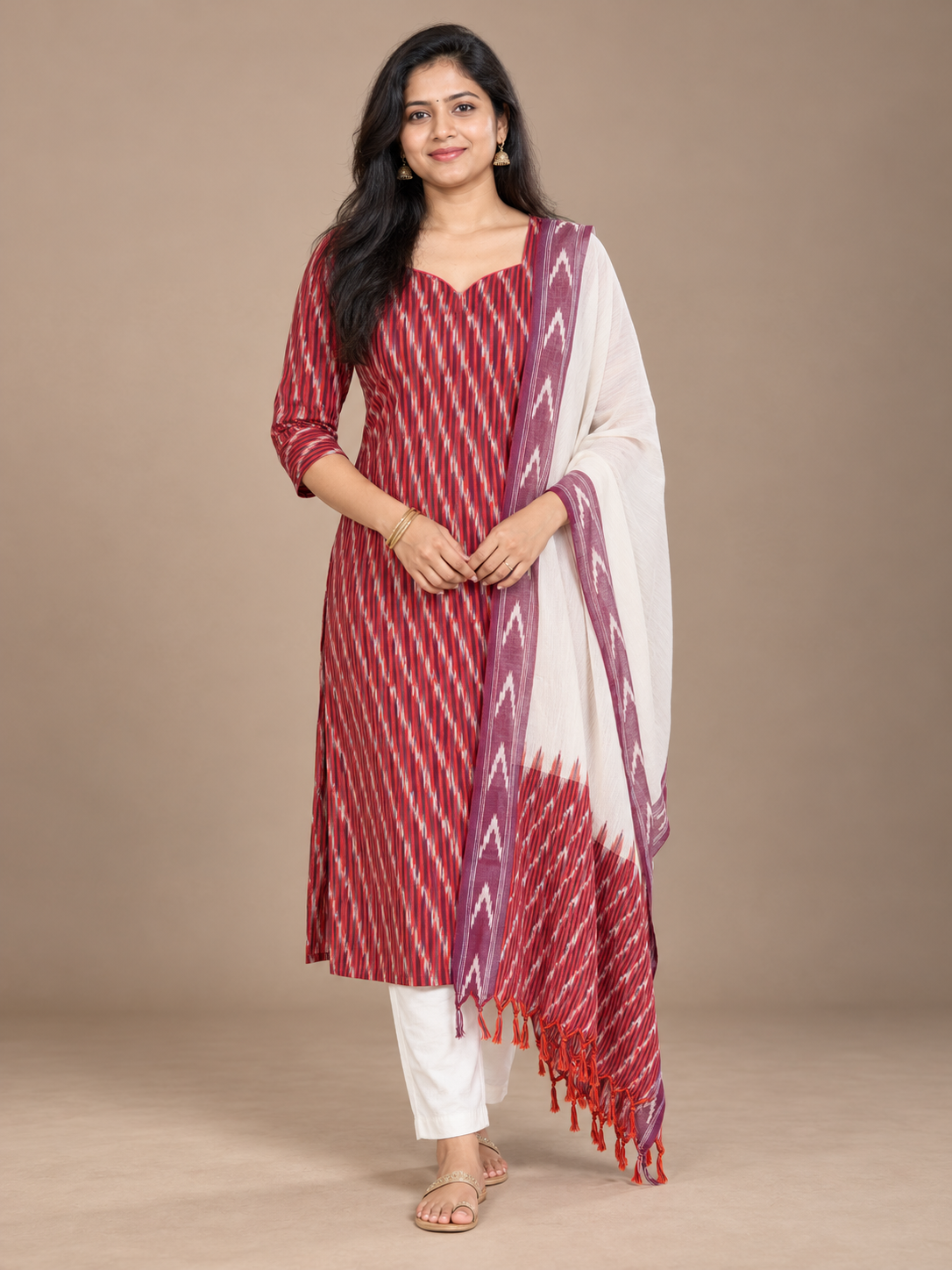Premium Pochampally Ikat Handloom 3PC Kurti Set in Maroon & White | Stylish Neck Patten