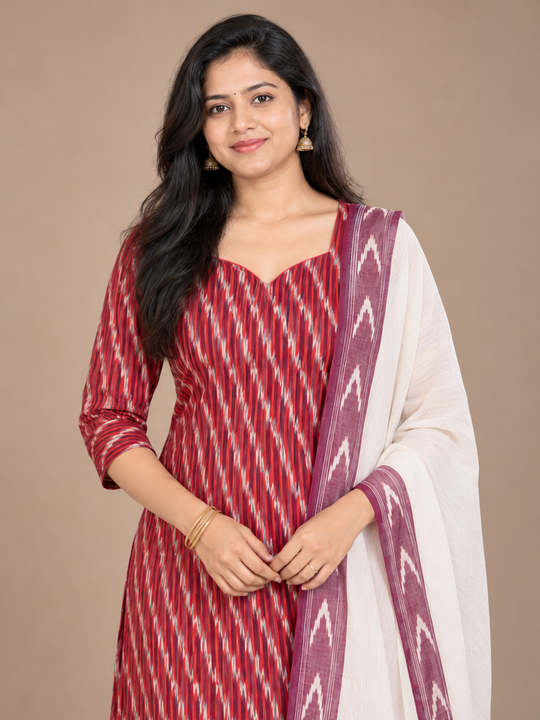Premium Pochampally Ikat Handloom 3PC Kurti Set in Maroon & White | Stylish Neck Patten