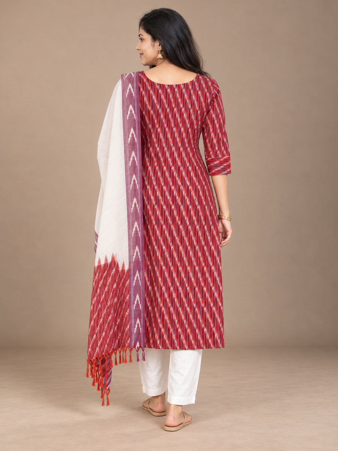 Premium Pochampally Ikat Handloom 3PC Kurti Set in Maroon & White | Stylish Neck Patten