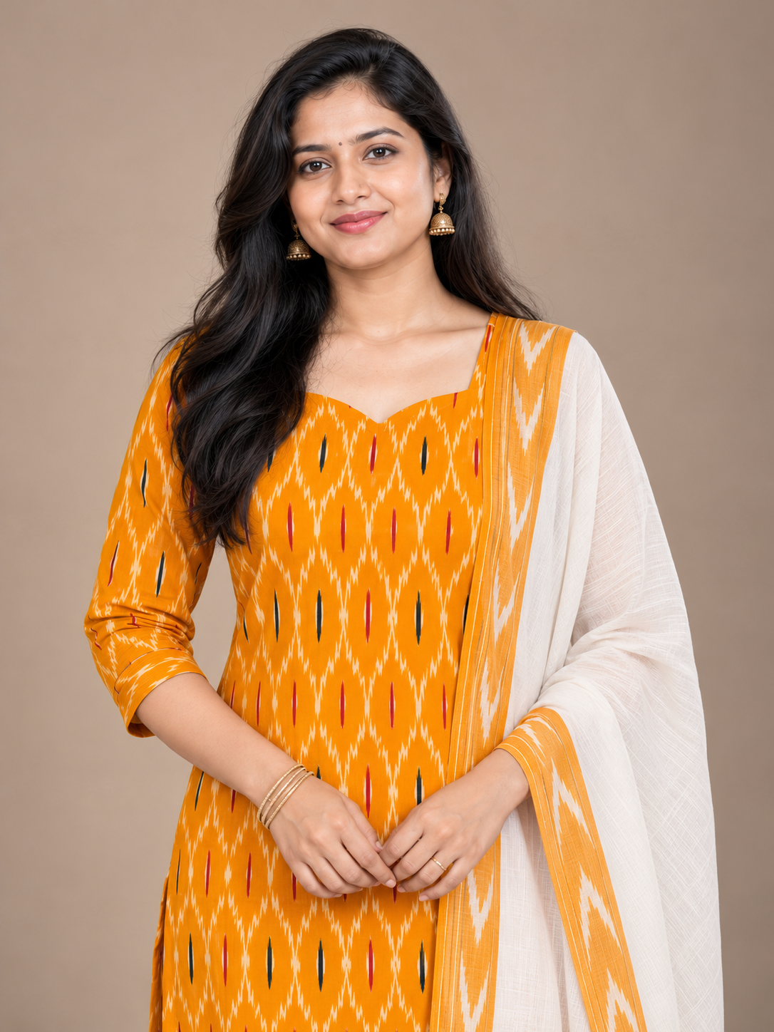 Premium Pochampally Ikat Handloom 3PC Kurti Set in Mustard Orange & White | Stylish Neck Patten