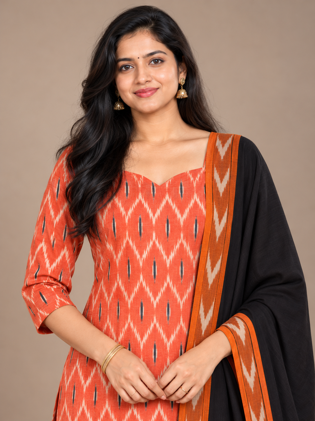 Premium Pochampally Ikat Handloom 3PC Kurti Set in Coral Orange & Black | Stylish Neck Patten