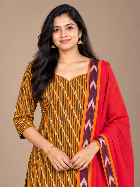 Premium Pochampally Ikat Handloom 3PC Kurti Set in Mustard Brown & Red | Stylish Neck Patten