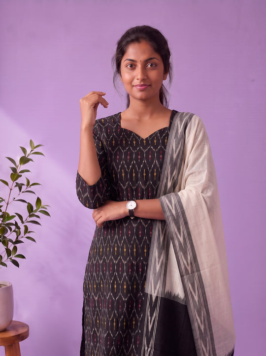 Premium Pochampally Ikat Handloom 3PC Kurti Set in Classic Black | Elegant Ready-to-Wear Ensemble