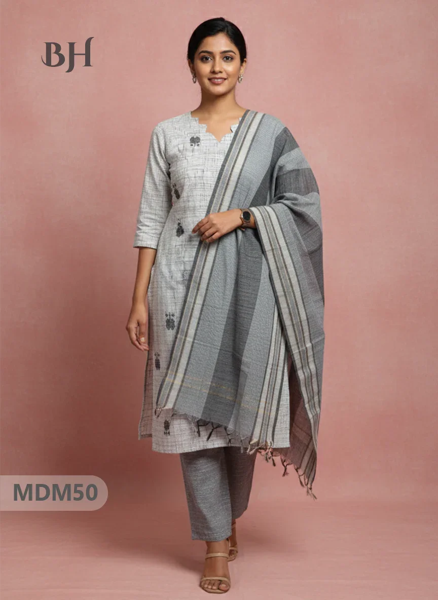 Handloom Jacquard 3pc Suit Set – Natural Grey with Pocket, Elastic Bottom & Full Lining