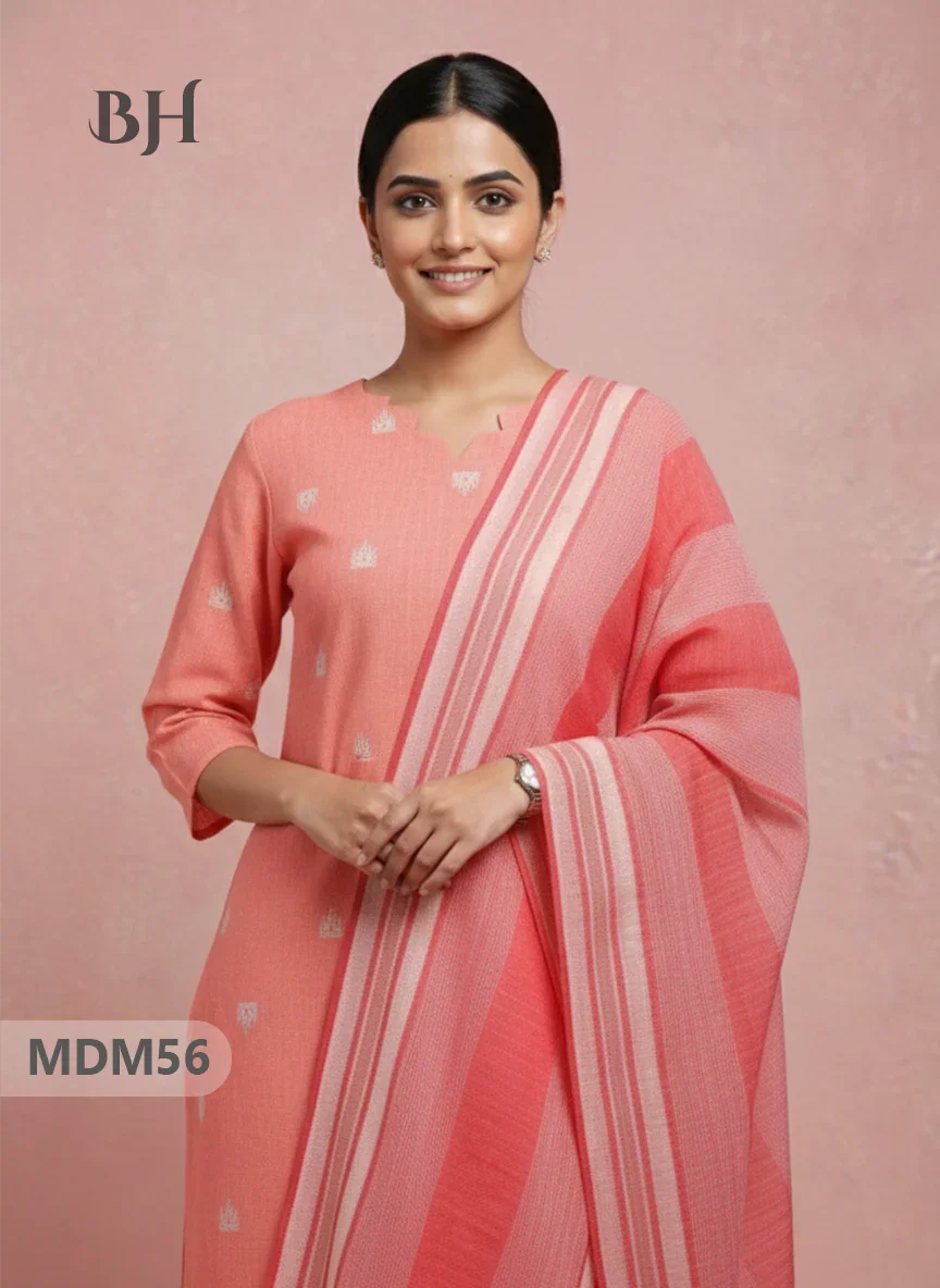 Handloom Jacquard 3pc Suit Set – Orange with Pocket, Elastic Bottom & Full Lining