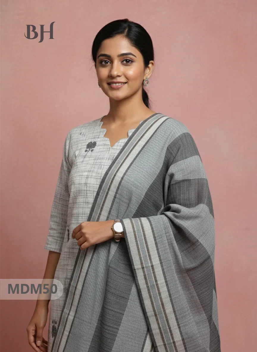 Handloom Jacquard 3pc Suit Set – Natural Grey with Pocket, Elastic Bottom & Full Lining