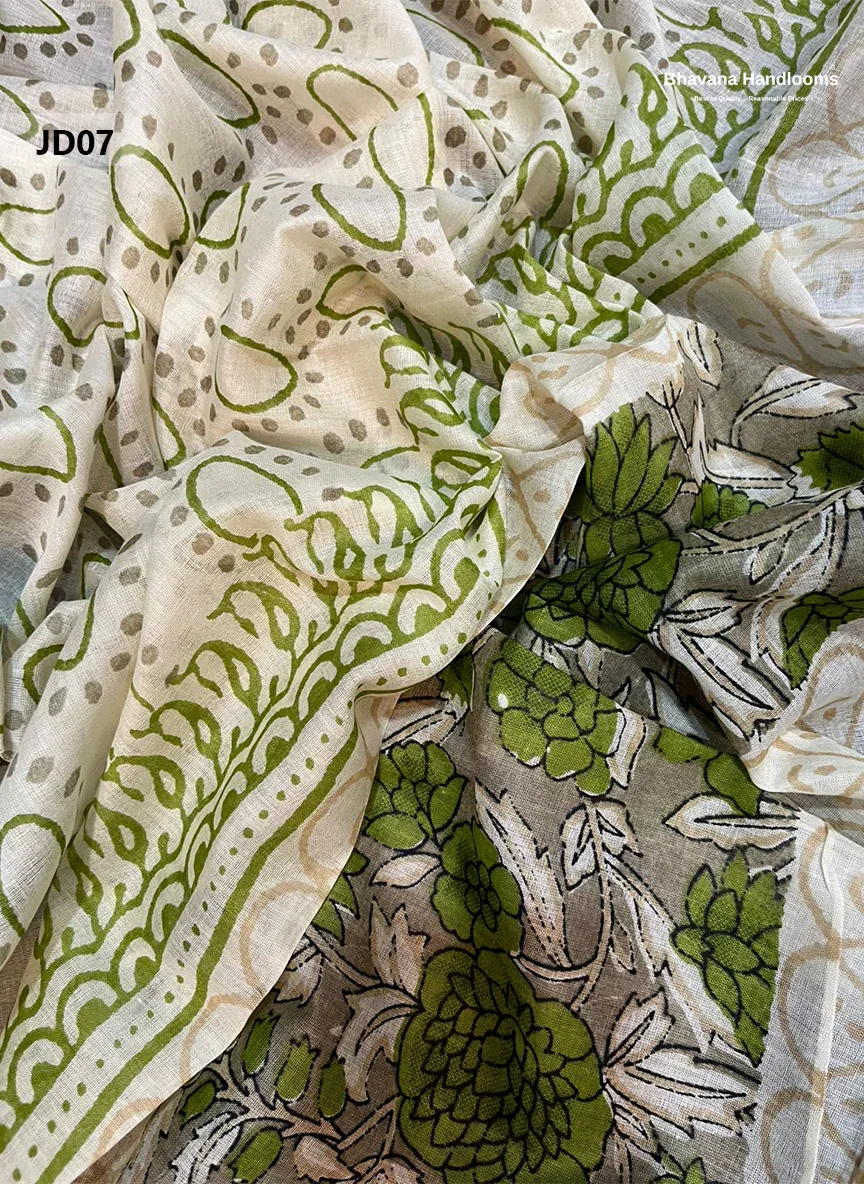 Jaipur Handblock Cotton Dupatta Dress Material – Half White & Soya Bean