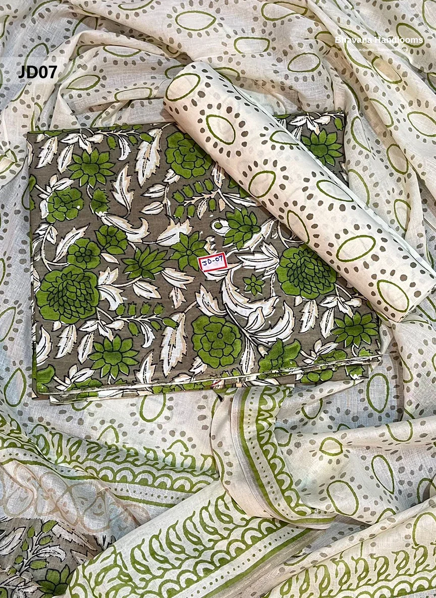 Jaipur Handblock Cotton Dupatta Dress Material – Half White & Soya Bean