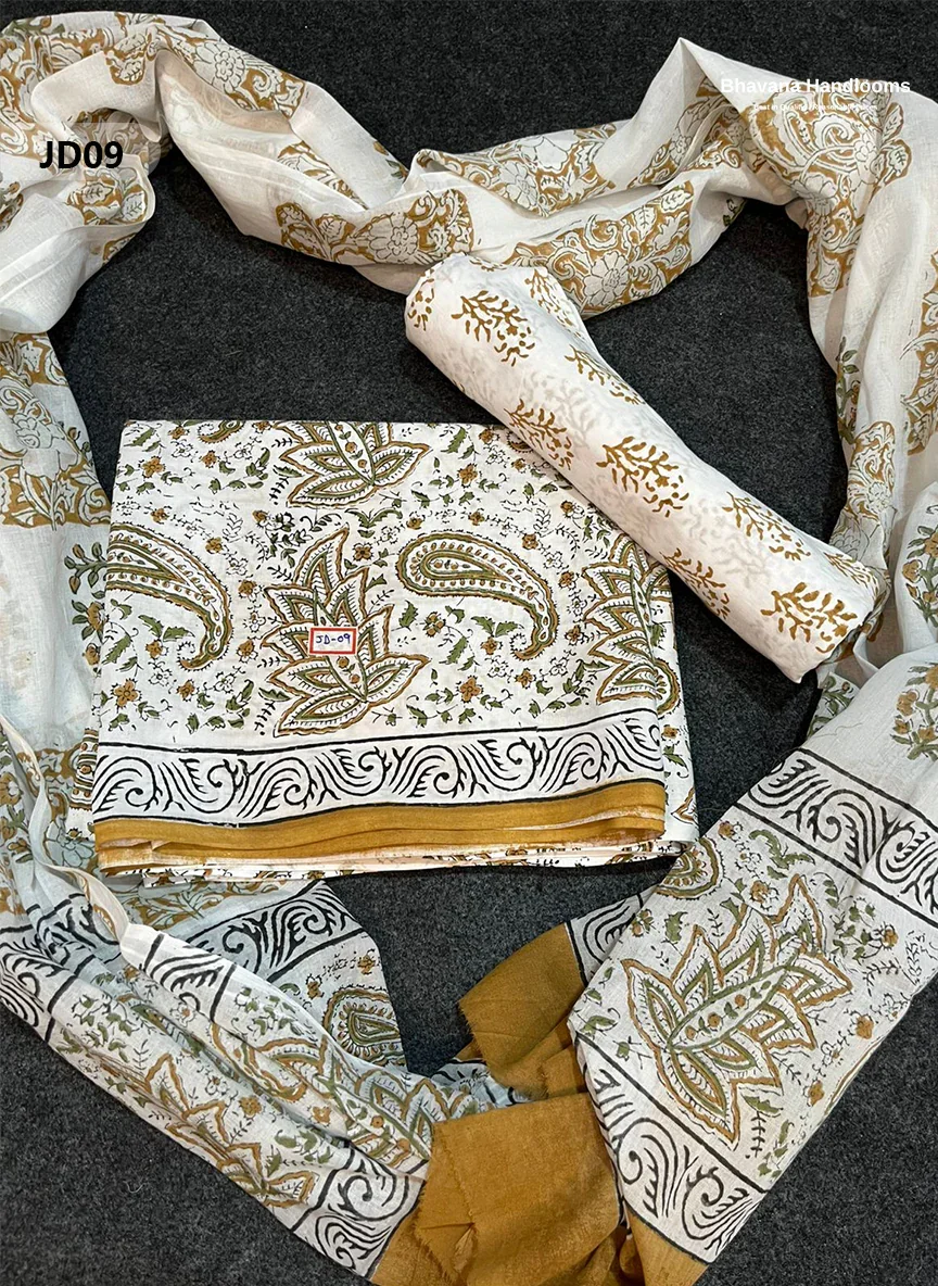 Jaipur Handblock Cotton Dupatta Dress Material – White & Luxor Gold