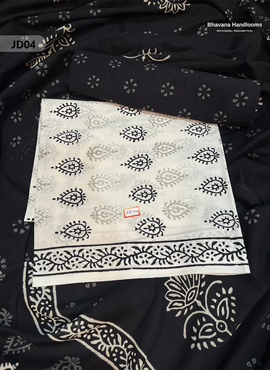 Jaipur Handblock Cotton Dupatta Dress Material – White & Black