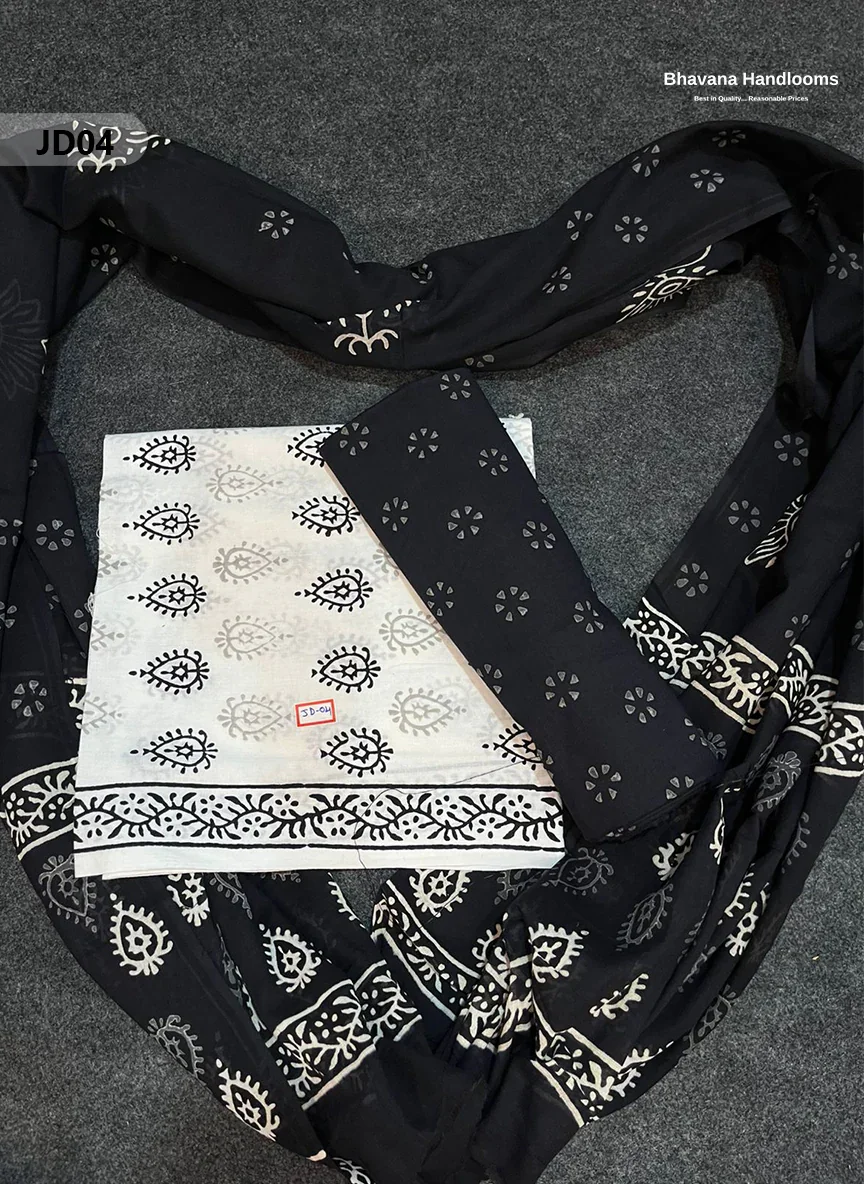 Jaipur Handblock Cotton Dupatta Dress Material – White & Black