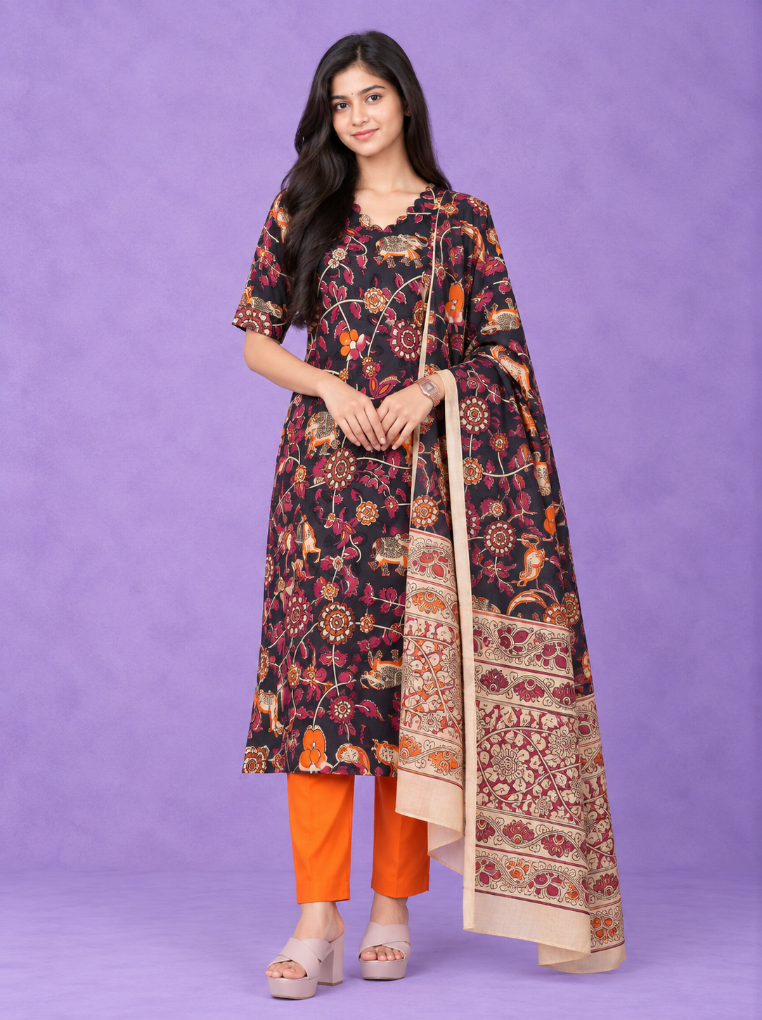 Premium Kalamkari 3PC Kurti Set with Cut Work Neck Design in Navy Blue Colour | Ready to Wear with Elastic Bottom