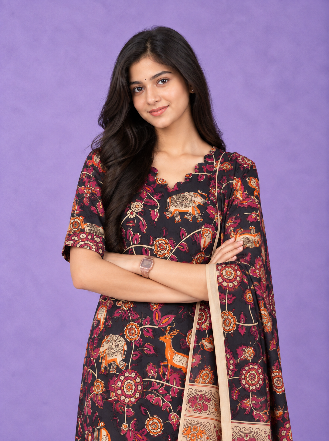 Premium Kalamkari 3PC Kurti Set with Cut Work Neck Design in Navy Blue Colour | Ready to Wear with Elastic Bottom