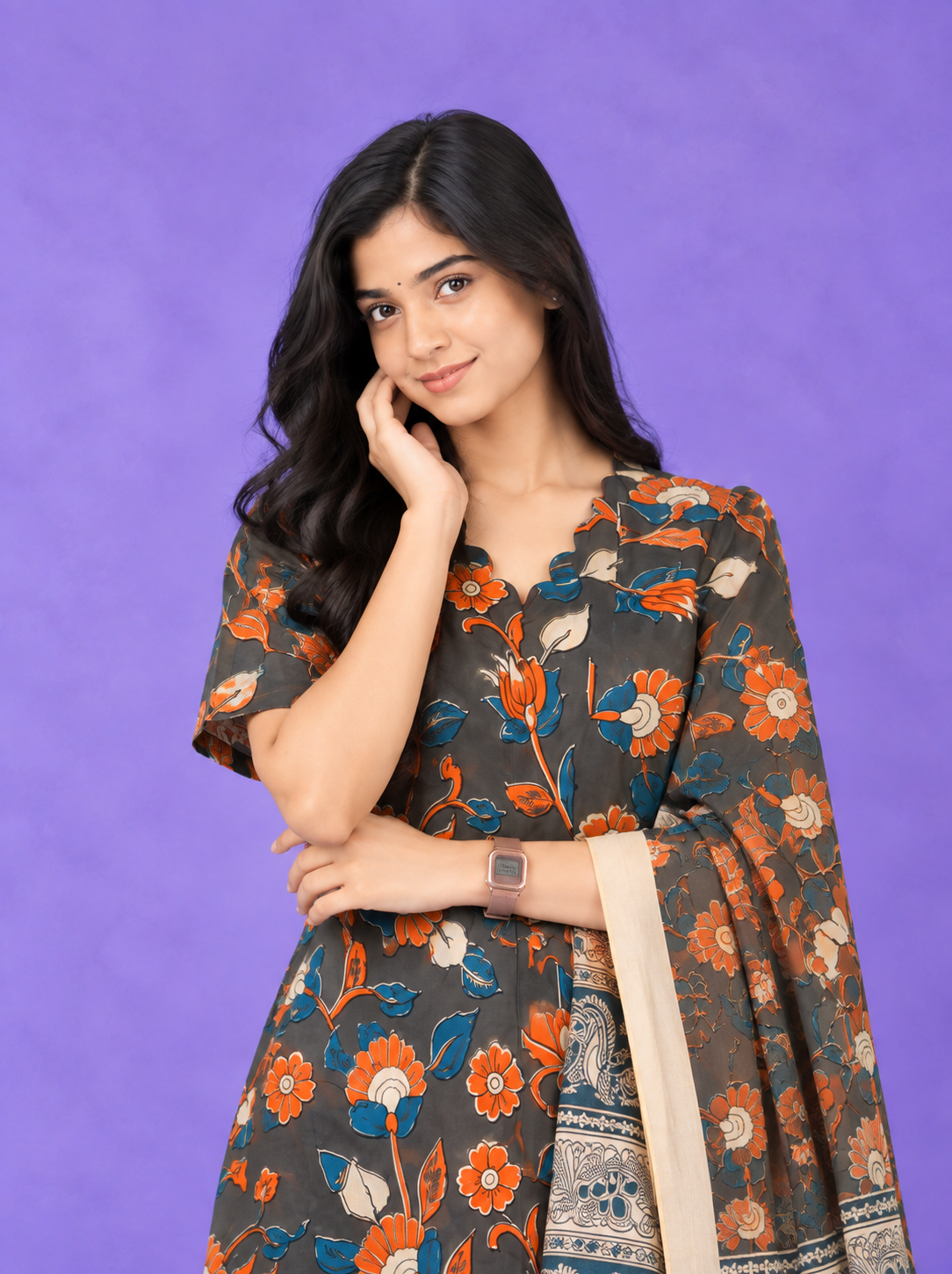 Premium Kalamkari 3PC Kurti Set with Cut Work Neck Design in Slate Grey Colour | Ready to Wear with Elastic Bottom