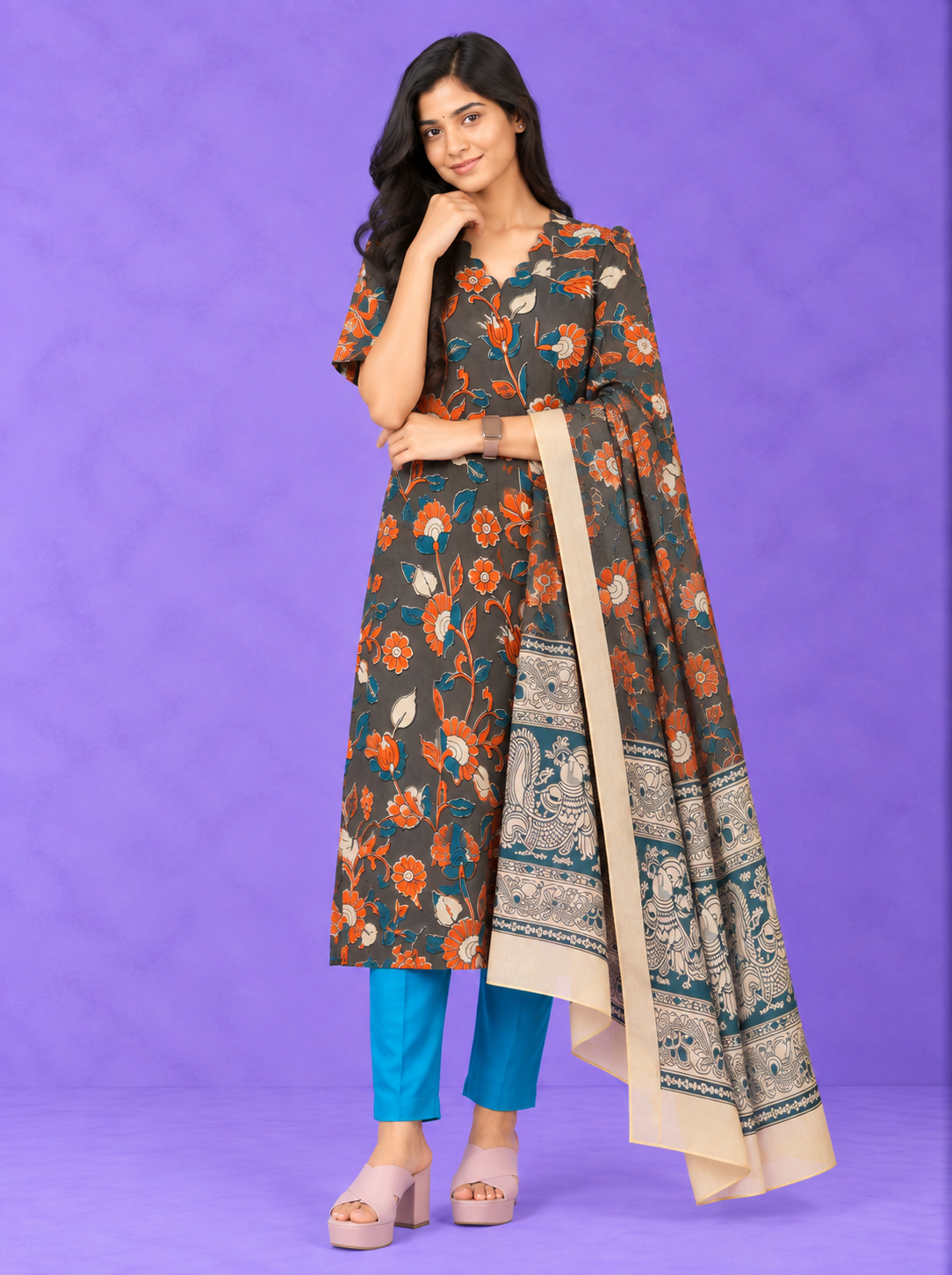 Premium Kalamkari 3PC Kurti Set with Cut Work Neck Design in Slate Grey Colour | Ready to Wear with Elastic Bottom