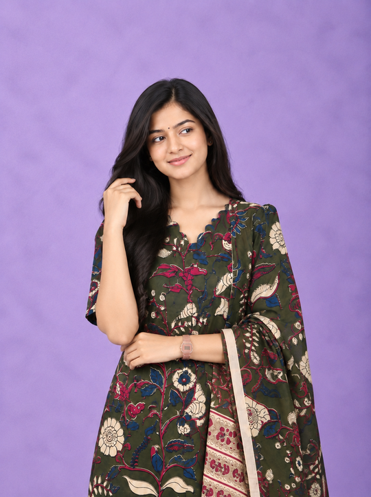 Premium Kalamkari 3PC Kurti Set with Cut Work Neck Design in Olive Green Colour | Ready to Wear with Elastic Bottom