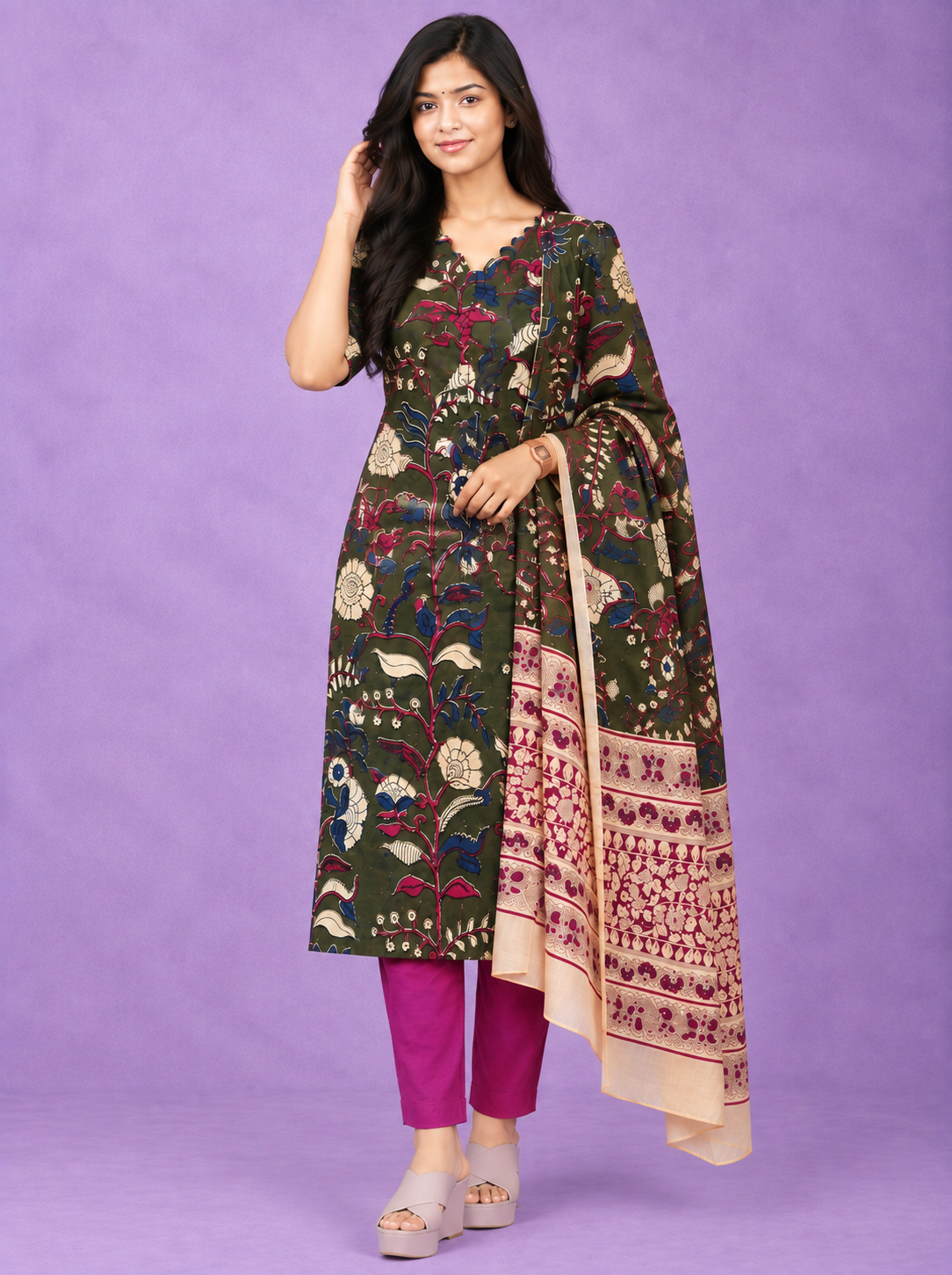 Premium Kalamkari 3PC Kurti Set with Cut Work Neck Design in Olive Green Colour | Ready to Wear with Elastic Bottom