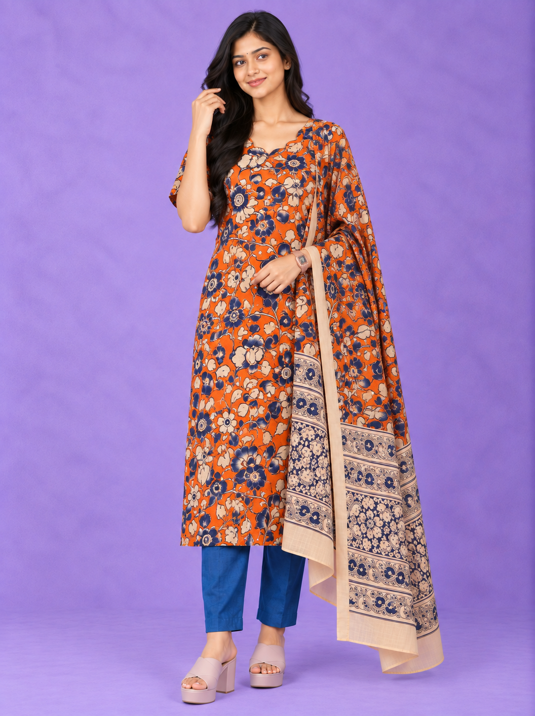 Premium Kalamkari 3PC Kurti Set with Cut Work Neck Design in Rust Orange Colour | Ready to Wear with Elastic Bottom