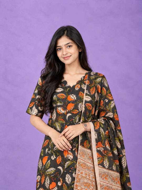 Premium Kalamkari 3PC Kurti Set with Cut Work Neck Design in Charcoal Grey & Burnt Orange Colour | Ready to Wear with Elastic Bottom