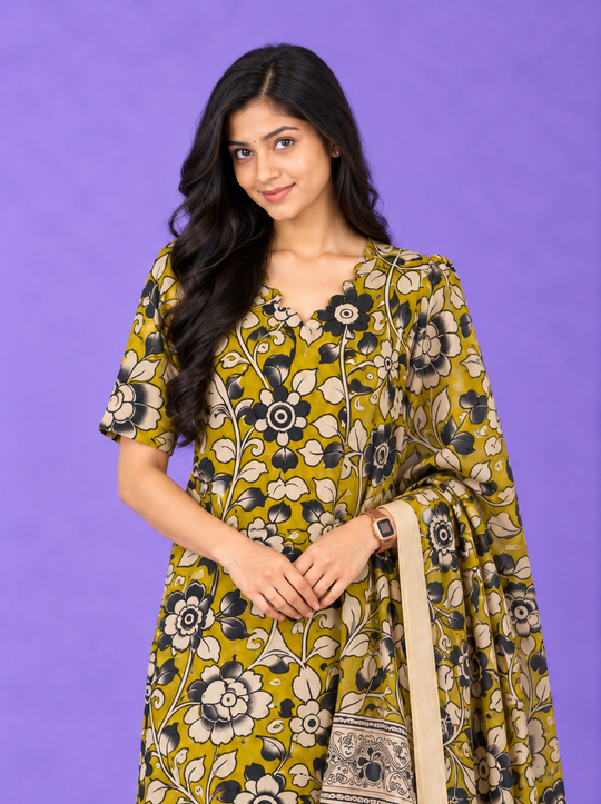 Premium Kalamkari 3PC Kurti Set with Cut Work Neck Design in Mustard Yellow Colour | Ready to Wear with Elastic Bottom
