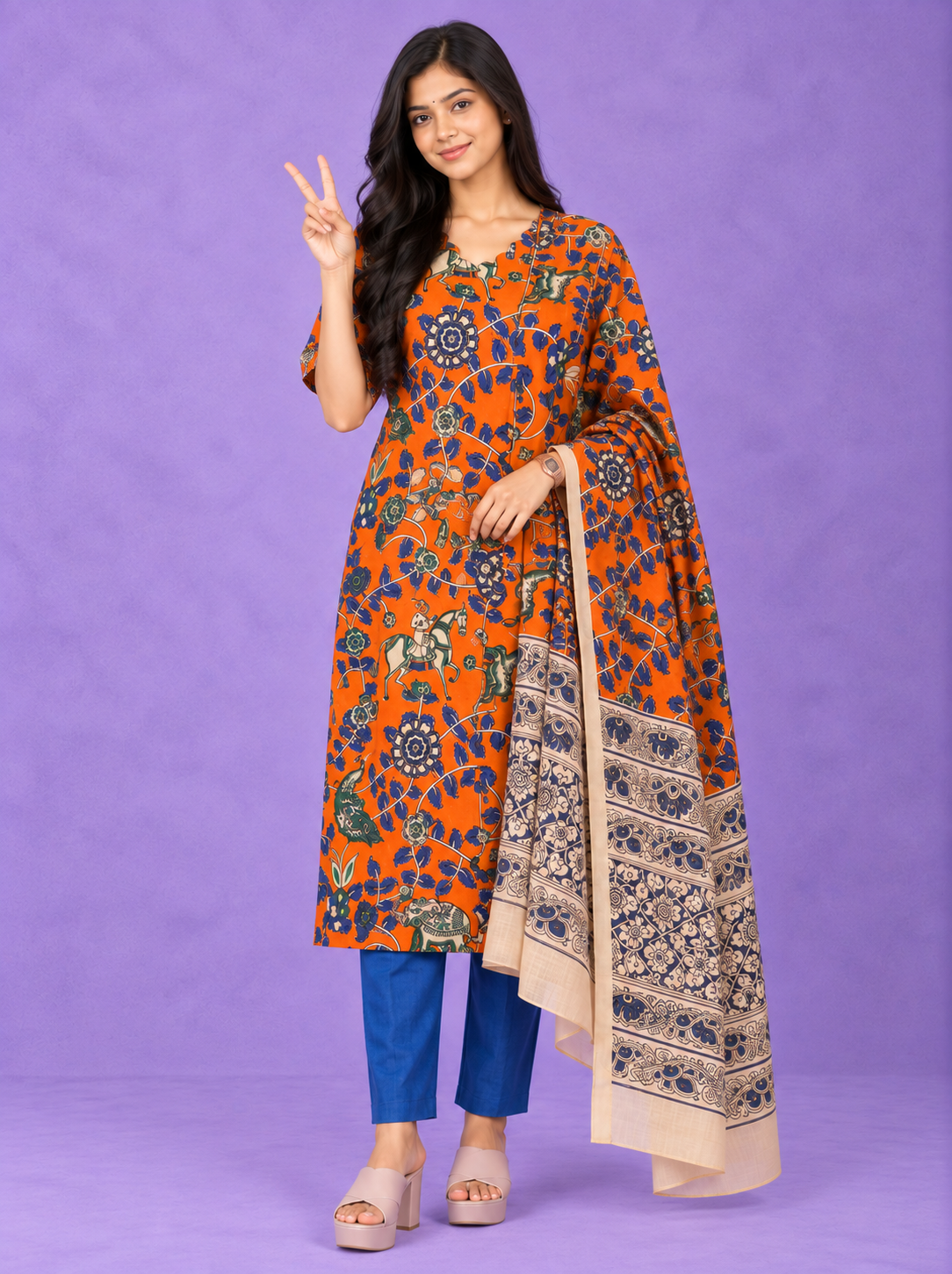Premium Kalamkari 3PC Kurti Set with Cut Work Neck Design in Burnt Orange Colour | Ready to Wear with Elastic Bottom