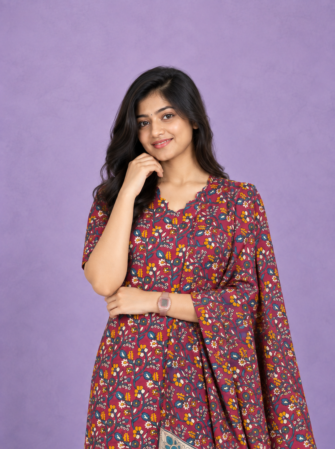 Premium Kalamkari Printed 3PC Kurti Set in Maroon Colour with Cut Work Neck Design | Ready to Wear with Elastic Bottom