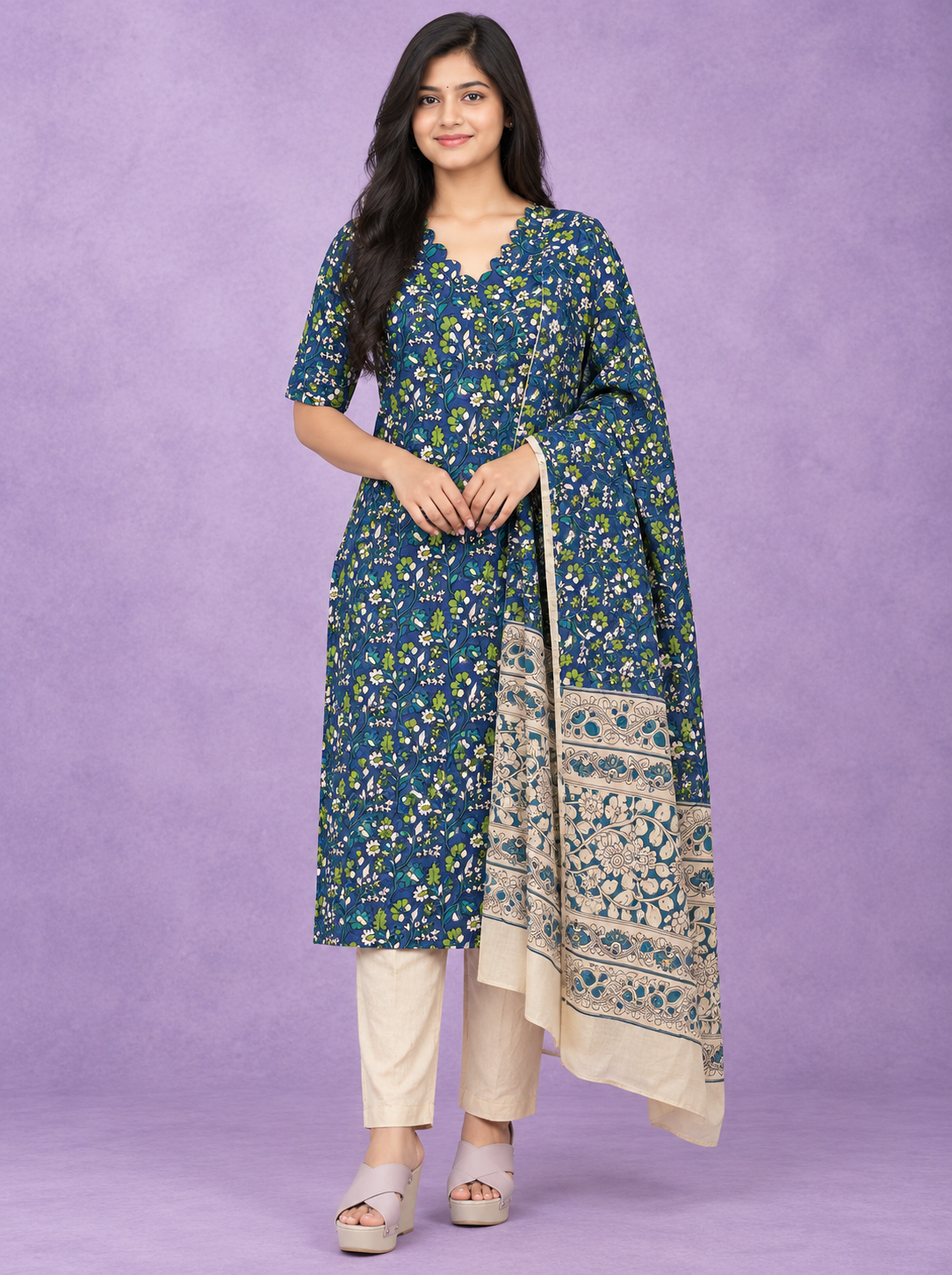 Premium Kalamkari 3PC Kurti Set with Cut Work Neck Design in Blue Colour | Ready to Wear with Elastic Bottom