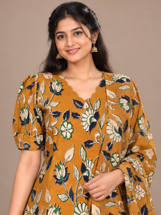 Premium Kalamkari 3PC Kurti Set with Cut Work Neck Design in Mustard Yellow Colour | Ready to Wear with Elastic Bottom