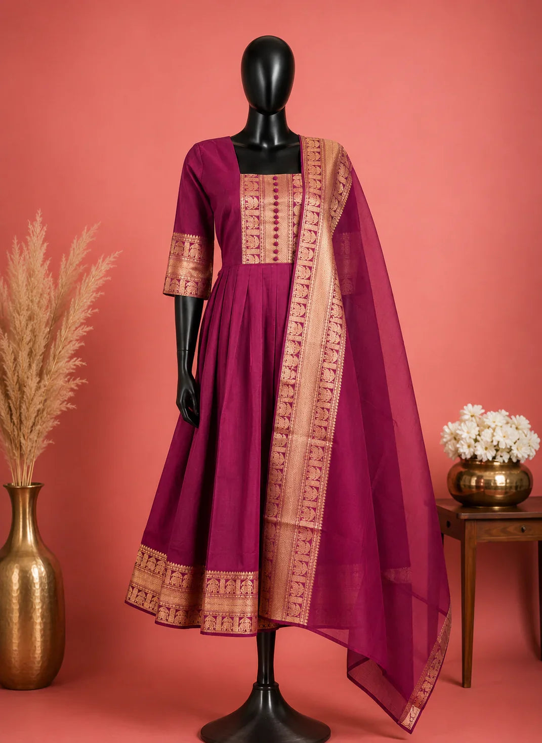 Premium Kanchi Cotton 2PC Frock Set in Brown with Dupatta | Elegant Traditional Wear