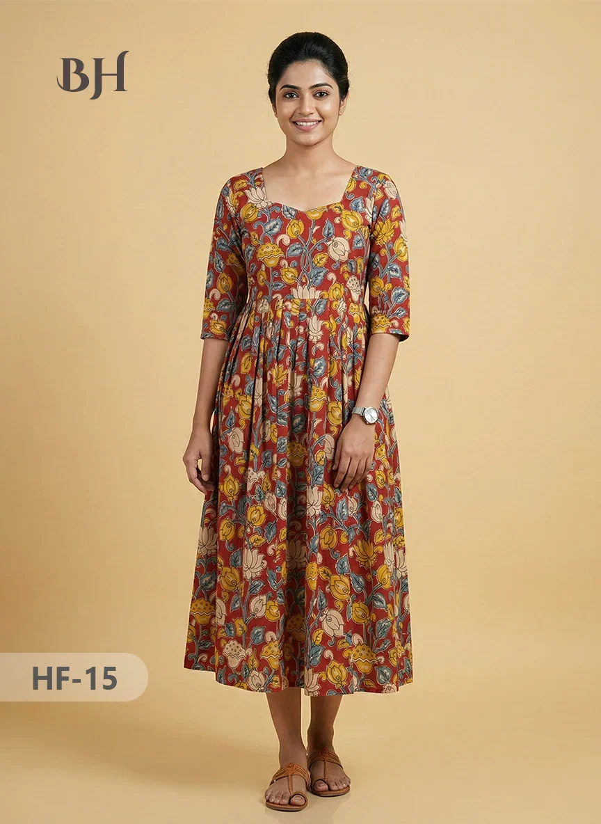 Kalamkari Design Frock – Red Colour | Handloom Ethnic Wear with Half Lining