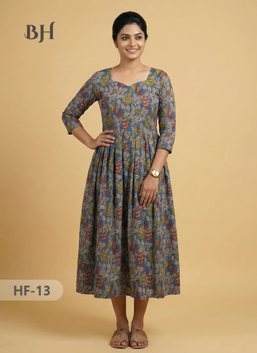 Kalamkari Design Frock – Sky Blue Colour | Handloom Ethnic Wear with Half Lining