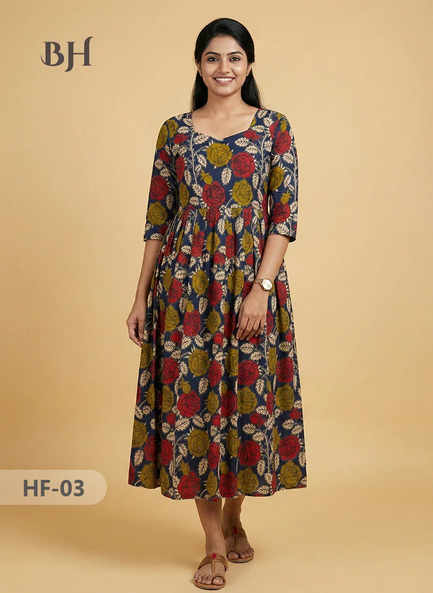 Kalamkari Design Frock – Blue Colour | Handloom Ethnic Wear with Half Lining