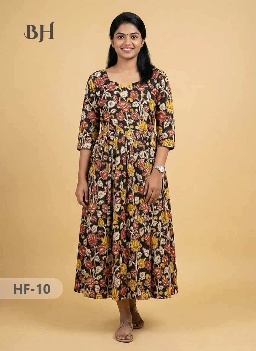 Kalamkari Design Frock – Black Colour | Handloom Ethnic Wear with Half Lining