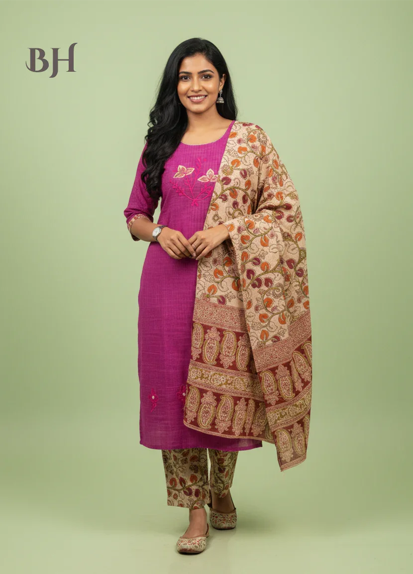 Kalamkari 3pc Set with Embroidery & Mirror Work Pink