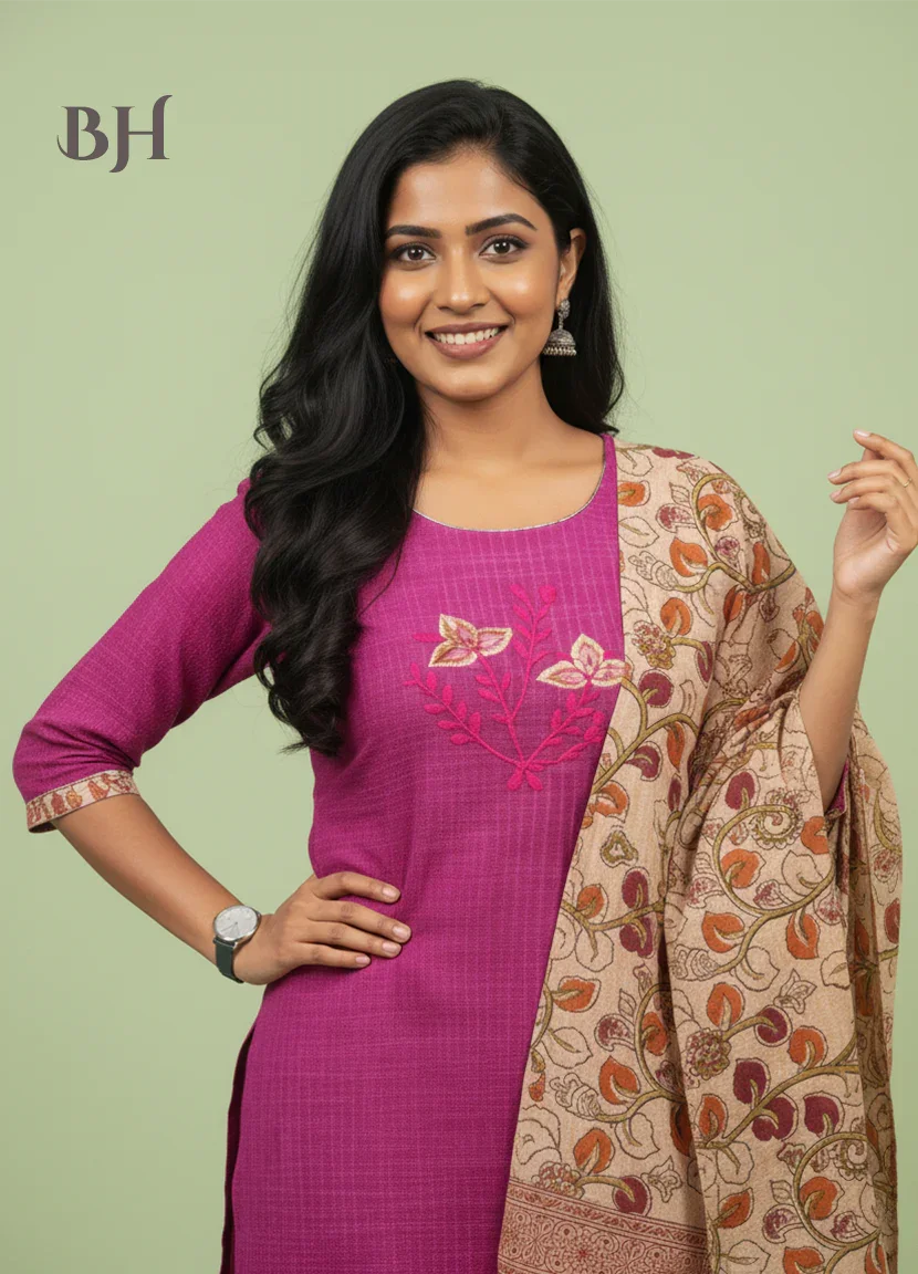 Kalamkari 3pc Set with Embroidery & Mirror Work Pink