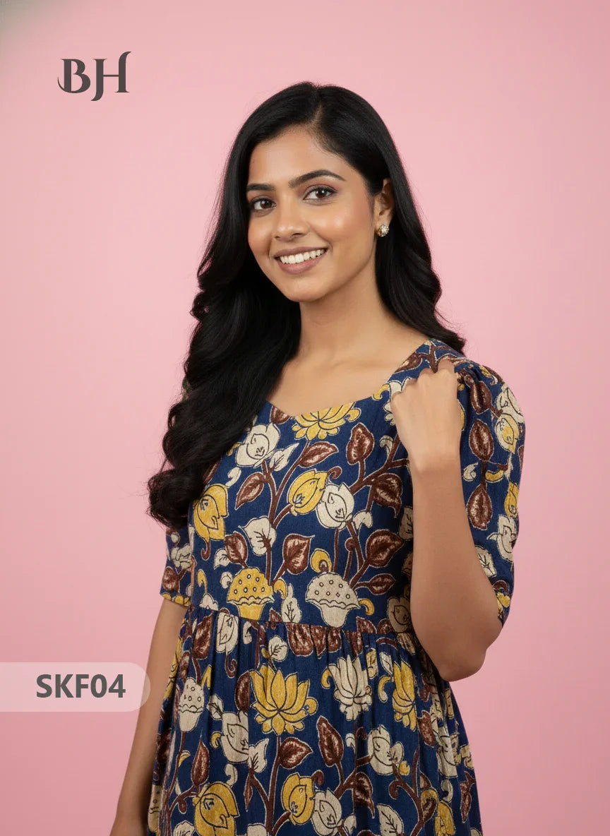 Feeding Frock with Kalamkari Design – Blue Color | Invisible Zips | Half Lining Maternity Wear