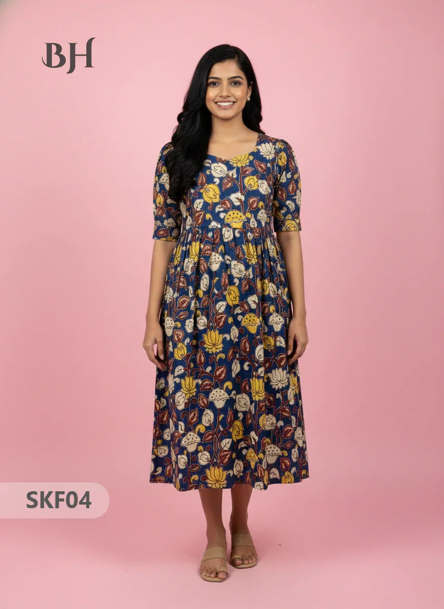 Feeding Frock with Kalamkari Design – Blue Color | Invisible Zips | Half Lining Maternity Wear