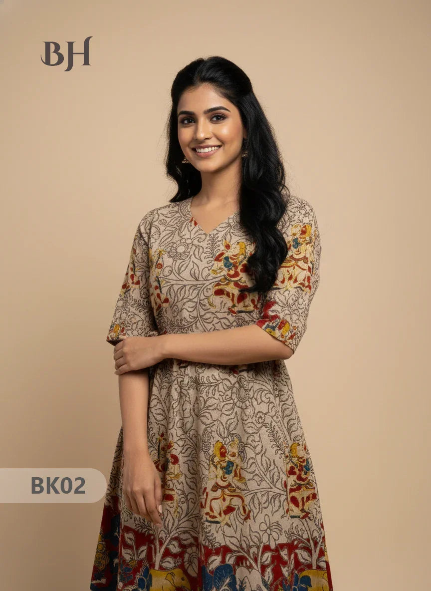 Designer Kalamkari Frock Half White & Red Colour – One Side Border Premium Cotton Fabric