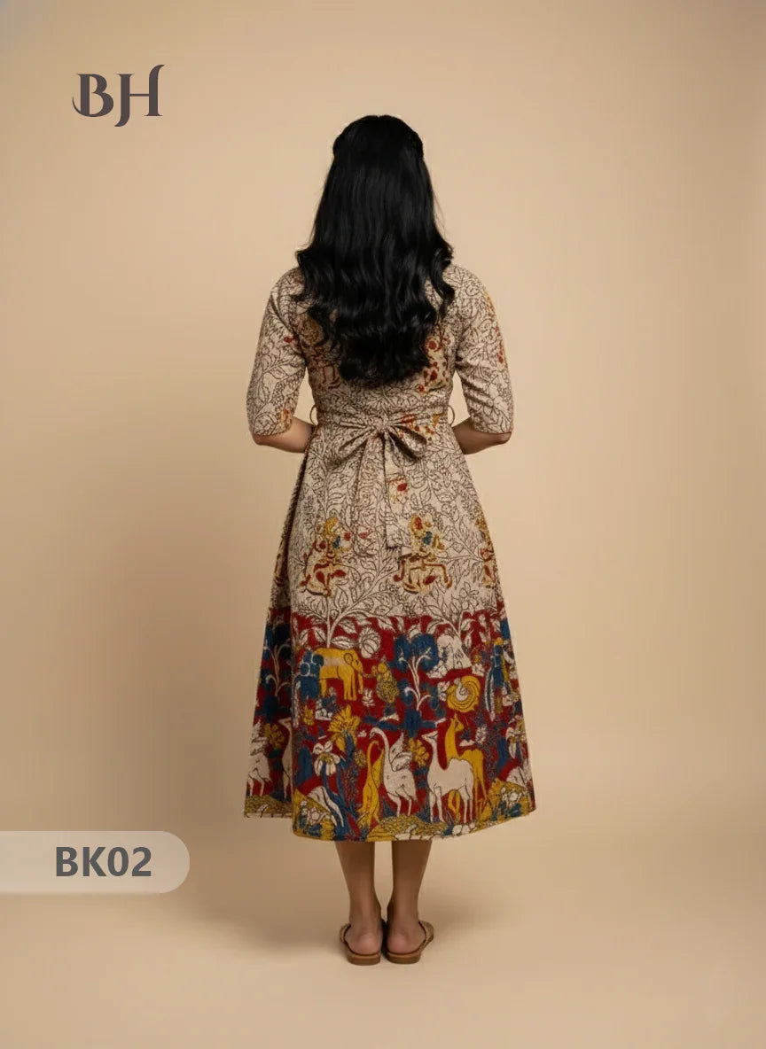 Designer Kalamkari Frock Half White & Red Colour – One Side Border Premium Cotton Fabric