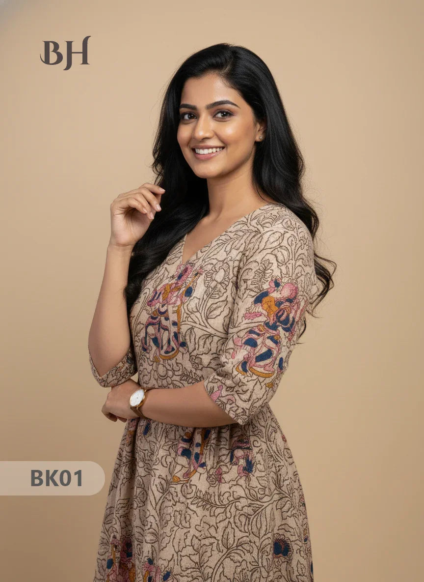 Designer Kalamkari Frock Half White & Blue Colour – One Side Border Premium Cotton Fabric