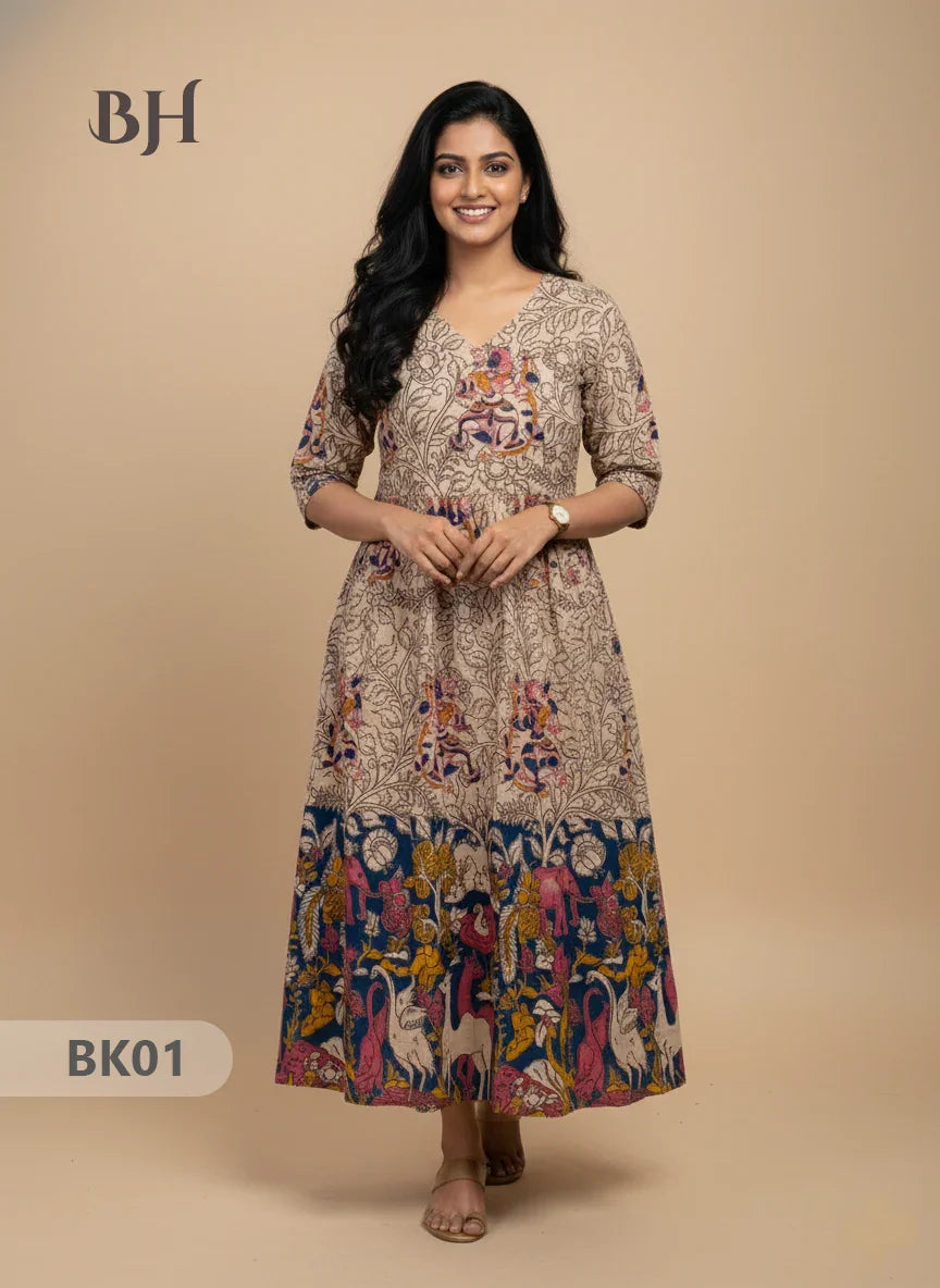 Designer Kalamkari Frock Half White & Blue Colour – One Side Border Premium Cotton Fabric